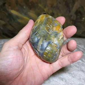Hetian Qinghua Pebble Nephrite with yellowish oxidization Dragon Phoenix Pi Xiu Ancient Coin and Ancient Chinese Characters Jade handheld piece (with certificate) 和田玉青花籽玉黄沁皮龙风貔貅篆体千字文大手把件(带证书)《千字文》天地玄黄 宇宙洪荒
