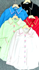 Kemeja Wanita Korean Style Big Size Motif Bordir Runi Hitam Putih Biru Pink Merah Jumbo