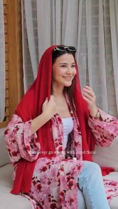 KAAAF Abaya - ROSSETE มุสลิม Red Dress บังคลาเทศ Solid ชาติพันธุ์ n เย็บปักถักร้อย Batwing แขนเปิดกิโมโน Abaya คูเวตซิตีโมร็อกโกผู้หญิง Red Dress- Floral Pattern