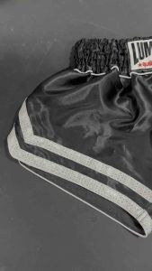 Lumpinee Retro Muay Thai Fight Shorts Black Front Back Silver Detail