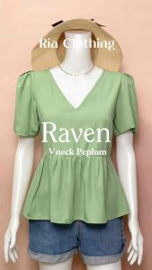 RAVEN Vneck Peplum Puff Sleeves Casual Office Blouse Korean BKK Trendy Top for Women Ria Clothing