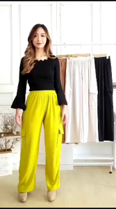 Celana Kulot Knit Hornet Cargo Premium saku kanan kiri pinggang elastis