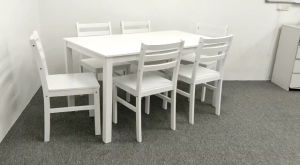 Ready Stock EWJ 1008 Solid Wood Dining Table Chair Set White 4 6 8 Seater / Set meja makan kayu Putih 1+4 1+6 1+8