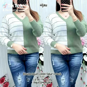 Blouse Rajut V Neck 537 / Blouse Rajut Combi Salur V Neck Terbaru / Pakaian Blouse Rajut Combi Salur V Neck Trendy