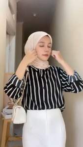 ATASAN KEMEJA WANITA STRIP BAHAN RAYON LENGAN PANJANG KEKINIAN TERBARU