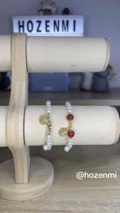 HG076 Gelang Mini Mutiara Putih Kombinasi Merah Hijau Charm Pelindung Aura Berkah Modis Simple