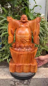 Tượng Thần Tài nghênh hỉ giơ tay chào đón sự may mắn tài lộc thịnh vượng gỗ hương có 3 kích thước