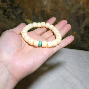 11.6mm Tibetan aged barrel beads and natural untreated Hubei Turquoise bracelet 藏式老料化石珠桶珠原矿湖北松石手链 #8