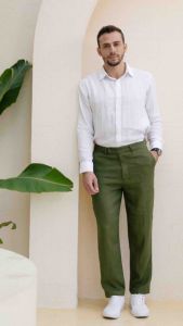 Quần dài nam 100% linen premium DODEP màu xanh olive