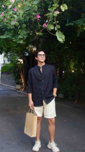 DODEP Áo sơmi nam cổ trụ 100% linen premium tay dài màu đen