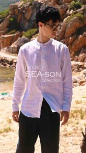 Áo sơ mi nam linen Pháp màu trắng cổ trụ tay dài 100% linen cao cấp – mát nhẹ sang trọng – DODEP