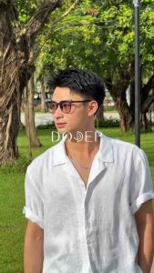 DODEP Áo sơmi nam cổ cuban 100% linen premium tay ngắn màu trắng đen