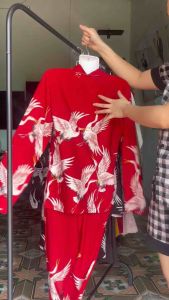 Pijama lụa mango chim hạc đen đỏ tay dài quần dài - Bộ lụa mặc nhà chất mát