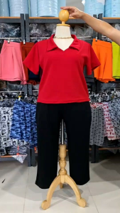 ชุดเซ็ทสาวอวบ เสื้อคอปก + กางเกงขากระบอกเล็ก