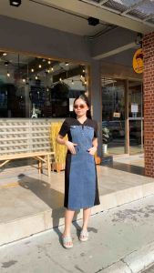 (S-5XL) เดรสกระโปรงยีนส์ตัวยาว ตัดแต่งผ้ายีนส์ ทูโทน