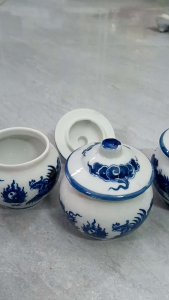 (Combo 3 ly)Chóe đựng gạomuối thờ cúng men lam cao cấp/Hũ sứ bầu hoạ tiết rồng xanh