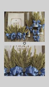 Unity Candle and Bible Set Boho Theme in Dusty Blue motif