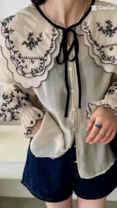 TM 2289 Blouse Chika Embroidered Collar Babydoll Top Import