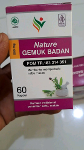 Nature gemuk badan obat penggemuk badan Isi 60 kapsul Herbal alami ada logo halal dan Tulisan JHP dalam kapsul
