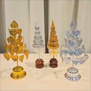 ชุดตั้งหิ้งพระ โต๊ะหมู่บูชา ศาลพระภูมิ ศาลตายาย ชุดสุขใจ 9 เสริมสิริมงคล (ฉัตรลายพรีเมี่ยม 5 ชั้น+โพธิ์กะไหล่เบอร์ 4)