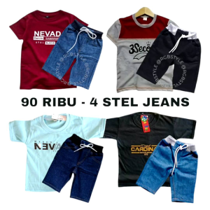 Paket Promo Dapat 8pcs Set Celana Jeans & Kaos /4 Pasang Setelan Baju Anak Laki-Laki Cowok Distro Jins Pendek Usia 3-13 Tahun Terbaru Murah