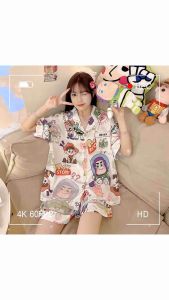 ชุดนอนคอปก สำหรับผู้หญิง ผ้าคอตตอน เสื้อแขนสั้น+กางเกงขาสั้น งานใส่สบาย ชุดนอนน่ารัก