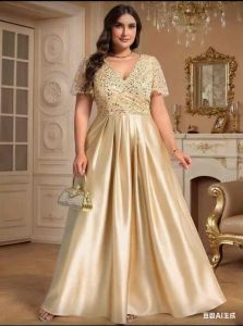 Kaixin002 Plus Women Glitter Sequin V Neck Short Sleeves Evening Dress Gold Formal Dresses For Party Graduation Dinner Gown For Wedding Guest