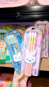Little Tree HB Pencil Set of 12 Pink Bunny Blue Bear Cartoon with Sharpener Holder for Kindergarten Students