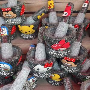 ครกหินลายดอกไม้ทรงลึก /4./5/5.5/6/6.5/7/7.5/8นิ้วครบชุดพร้อมสาก