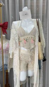 Set bikini len sợi 3 món áo bra tua rua tam giác mix quần sooc và áo khoác dài sang chảnh