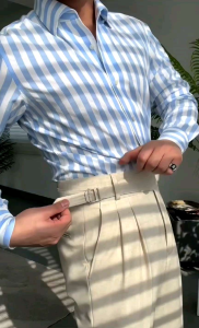 Áo Sơ Mi Nam Dài Tay Chất Vải Linen Cực Mát Cổ Cánh Nhạn Họa Tiết Kẻ Sọc Xanh Trắng