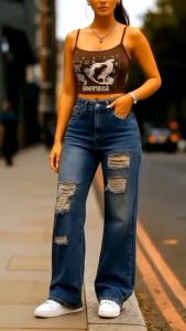 celana panjang jeans wanita highwaist sobek retro Amerika baggy losse jeans