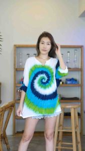 เสื้อสปันเรย่อน มัดย้อม สีขาวกรมเขียว รถรักษาชายและหญิง (รหัส R17)