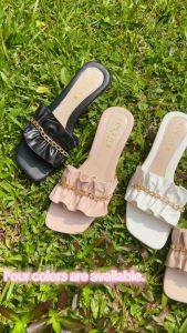 ✨TTFS✨ Elegant Ruffle Chain Heels 5cm | Premium Ladies Slip-On Sandal | Comfortable Daily Dress Shoes ML84