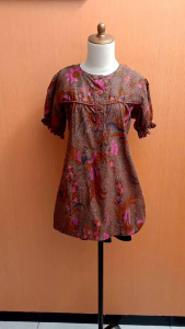 atasan batik wanita coklat M L XL blouse lengan pendek puff kerja kantor kuliah
