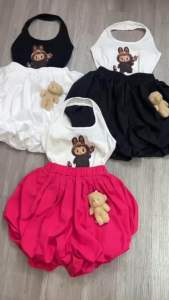 Set Bộ Áo Yếm LaBuBu Nâu Croptop Viền + Quần Short Bí Phồng 2 Lớp