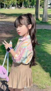 Set áo váy mùa thu KHÁNH AN BABY NA KIDS Áo sơ mi cầu vồng chân váy xếp ly nâu kaki nhẹ nhàng cho bé 8-48kg