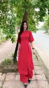 [Nhập RS0822 giảm 30k cho đơn 99k]Áo dài cách Tân nữ áo dài màu đỏ phối tay hoa yêu kiều