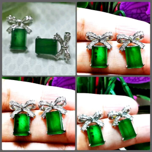 ต่างหูหยกเจไดต์ไทปAหยกเขียวจักรพรรดิ์ตัวเรือนก้านเงินs925