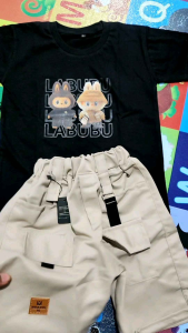 Kaylakids - Setelan Baju Kaos Katun Kombed dan Celana Kargo Anak-Anak Motif Labubu Terbaru Kualitas Premium