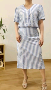 ECLAIRE 063 Setelan Rok Lengan Pendek Shortsleeves Motif Salur Stripe Garis-garis Korea Kasual Casual Kerja Kantor Mode Modis bsg