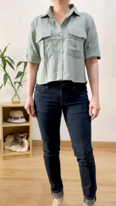 ●ECLAIRE● 063 Kemeja Rami Crop Lengan Pendek Shortsleeves Pocket Korea Polos Basic Dasar Kasual Casual Mode Kerja Santai