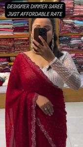 NEW DESIGN LAUNCH DAIMOND HIT DESIGN Beautiful designer Party wear saree fabrics Georgette saree with all over heavy beads work BEST COLURS MATCHING Blouse white Sequnce Havey READY TO DISPATCH QUALITY PRODUCTS ONLY NO COPY SELL