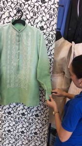 Mens Barong Tagalog Sage Green – Piña Venucia Fabric Chinese & Sports Collar | Luke