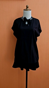 atasan wanita hitam ELLE cewek L XL blouse kerah batu permata MEWAH jumbo