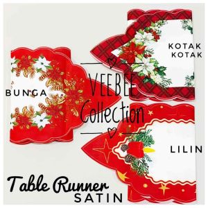 Table Runner Satin Natal 32x180cm | Taplak Meja Panjang Glossy | Dekorasi Meja Makan Tema Natal