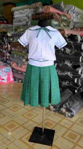 Joenel Brand Sailor Collar Blouse With Ribiti Peach Twill/ Green Checkered Skirt For Kids and Adult School Uniform Individual Sets