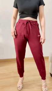 ●ECLAIRE● 0IS Jogger Scuba Stretch Drawstring Tali Serut Motif Bordir Sporty Olahraga Mode Modis Trendy Import Maroon