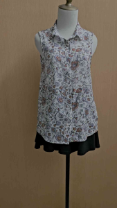 atasan kemeja wanita cream motif bunga pink H&M cewek S M cute kutung MEWAH
