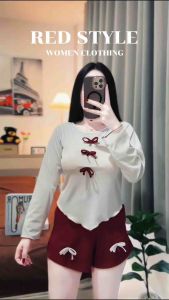 070168 ชุดเซ็ตผู้หญิง 2 ชิ้น เสื้อคอกลมแขนยาว แต่งโบว์ และกางเกงขาสั้น Women Lady Clothing